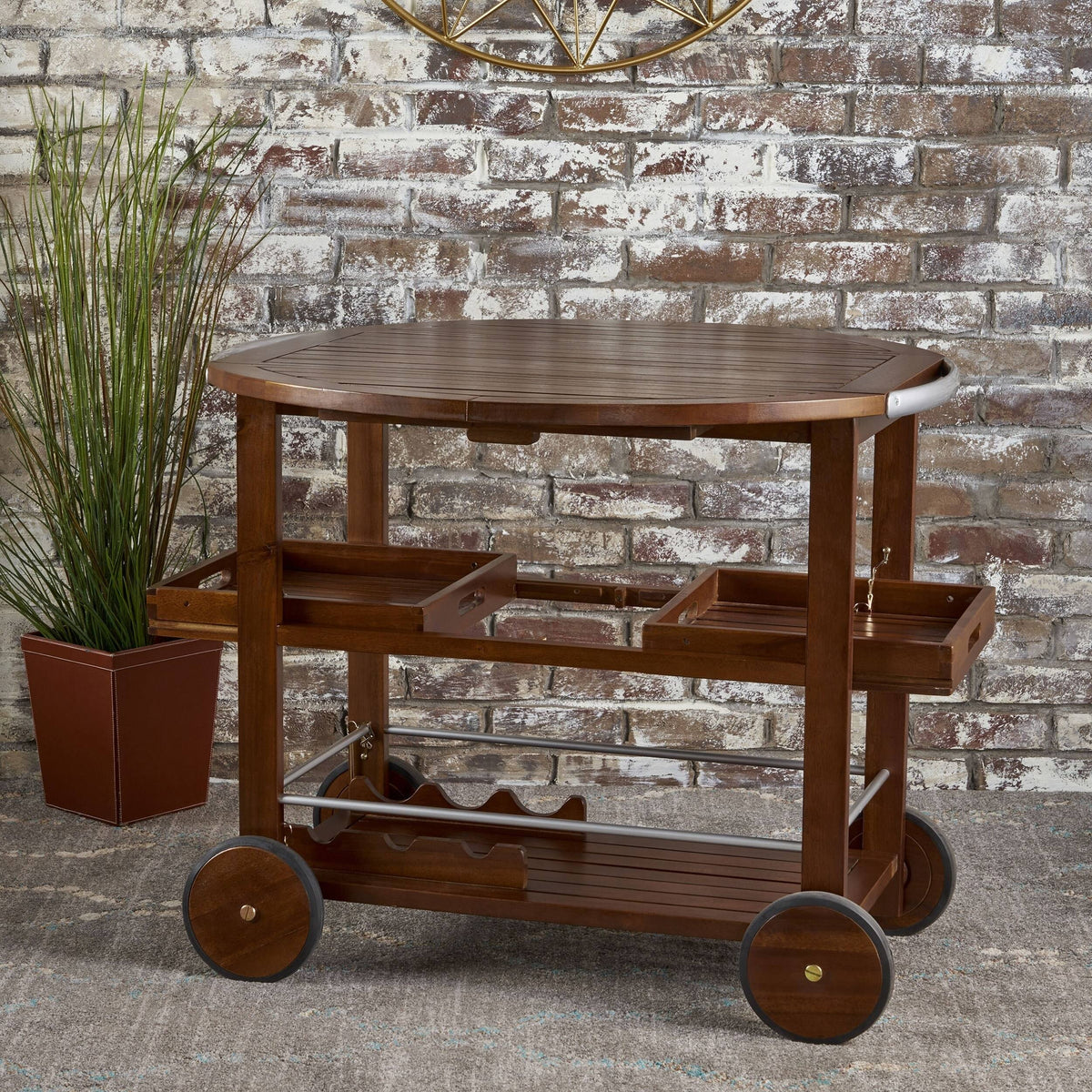 Farmhouse Cottage Acacia Wood Bar Cart with Drop Leaf G661