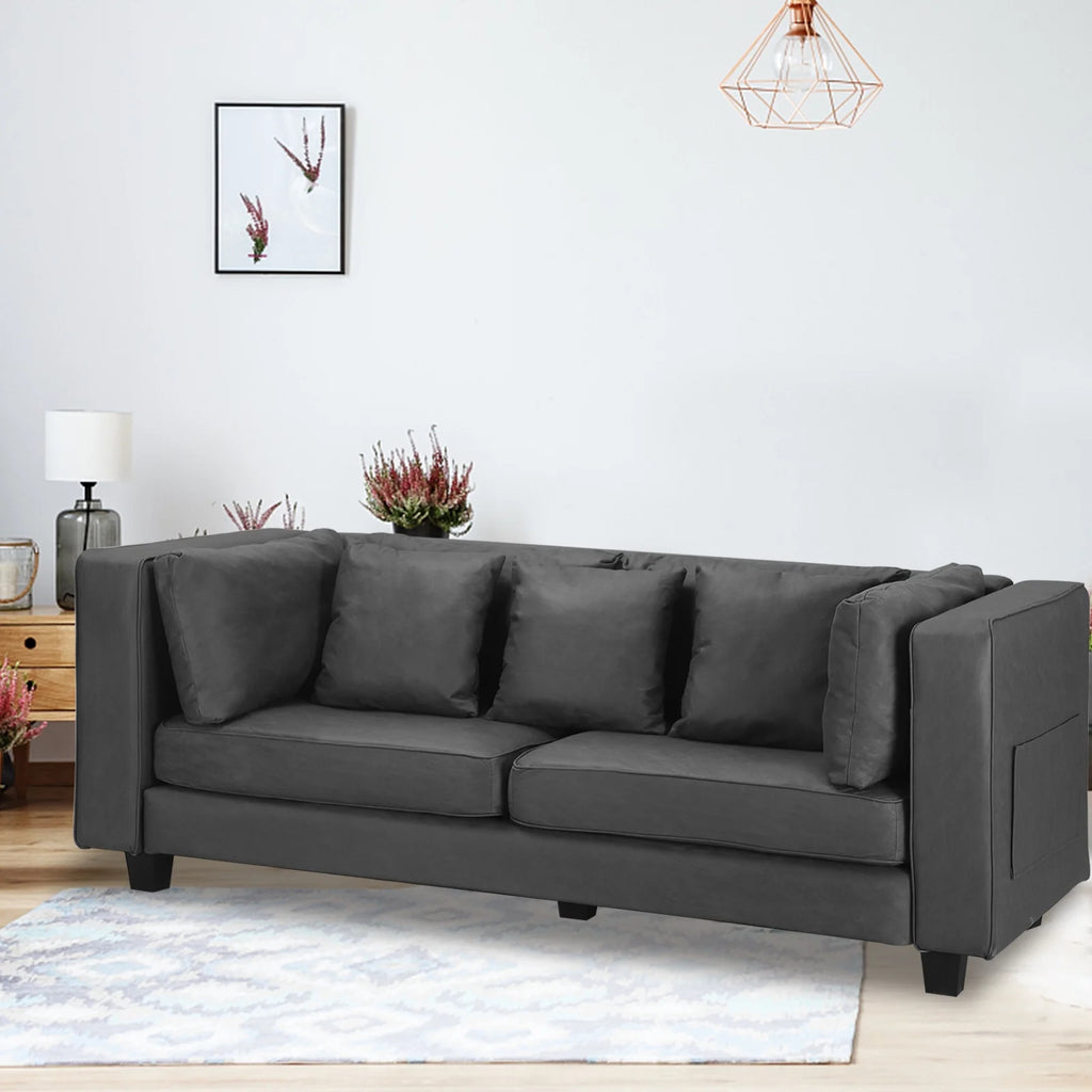 Grey Faux Leather Sofa with 5 Pillows W9342
