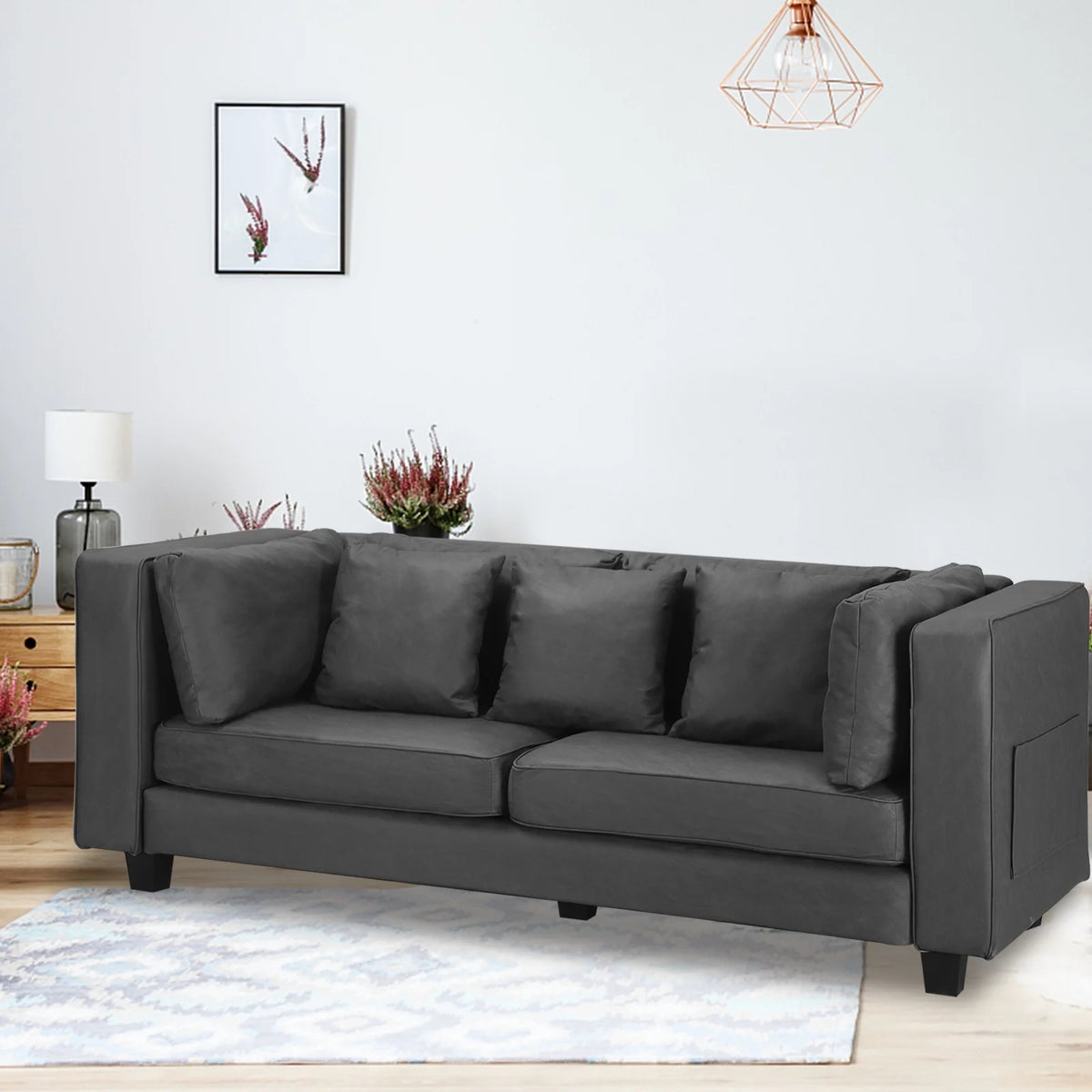Grey Faux Leather Sofa with 5 Pillows W9342