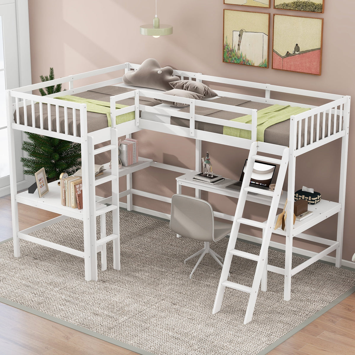 Twin Size White Wood L-Shaped Loft Bed with Built-in Desks P36676