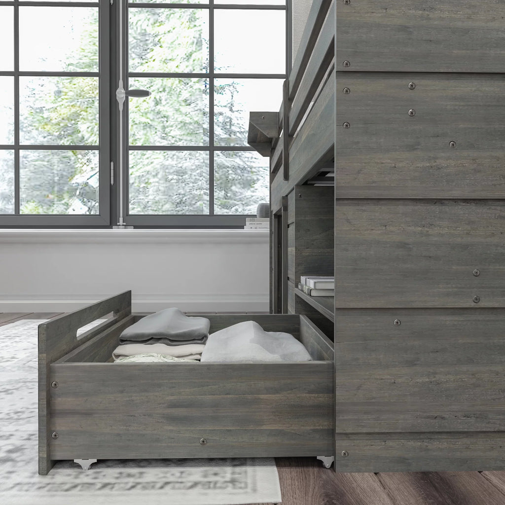 Twin Size Solid Wood Low Loft Bed with Storage Drawer and Ladder N6982