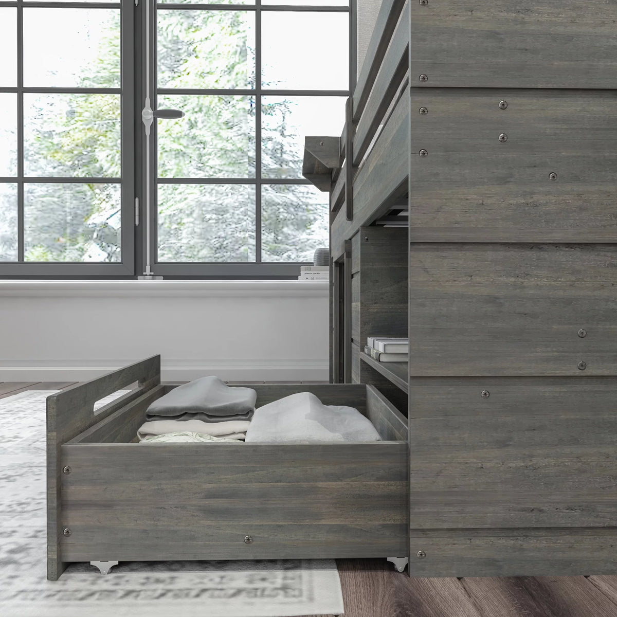 Twin Size Solid Wood Low Loft Bed with Storage Drawer and Ladder N6982