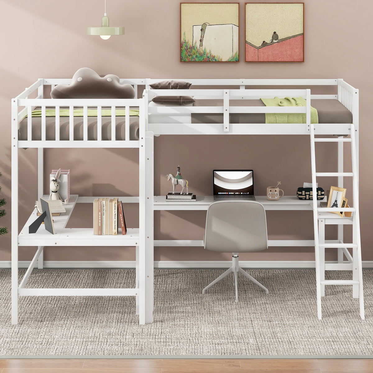 Twin Size White Wood L-Shaped Loft Bed with Built-in Desks P36676