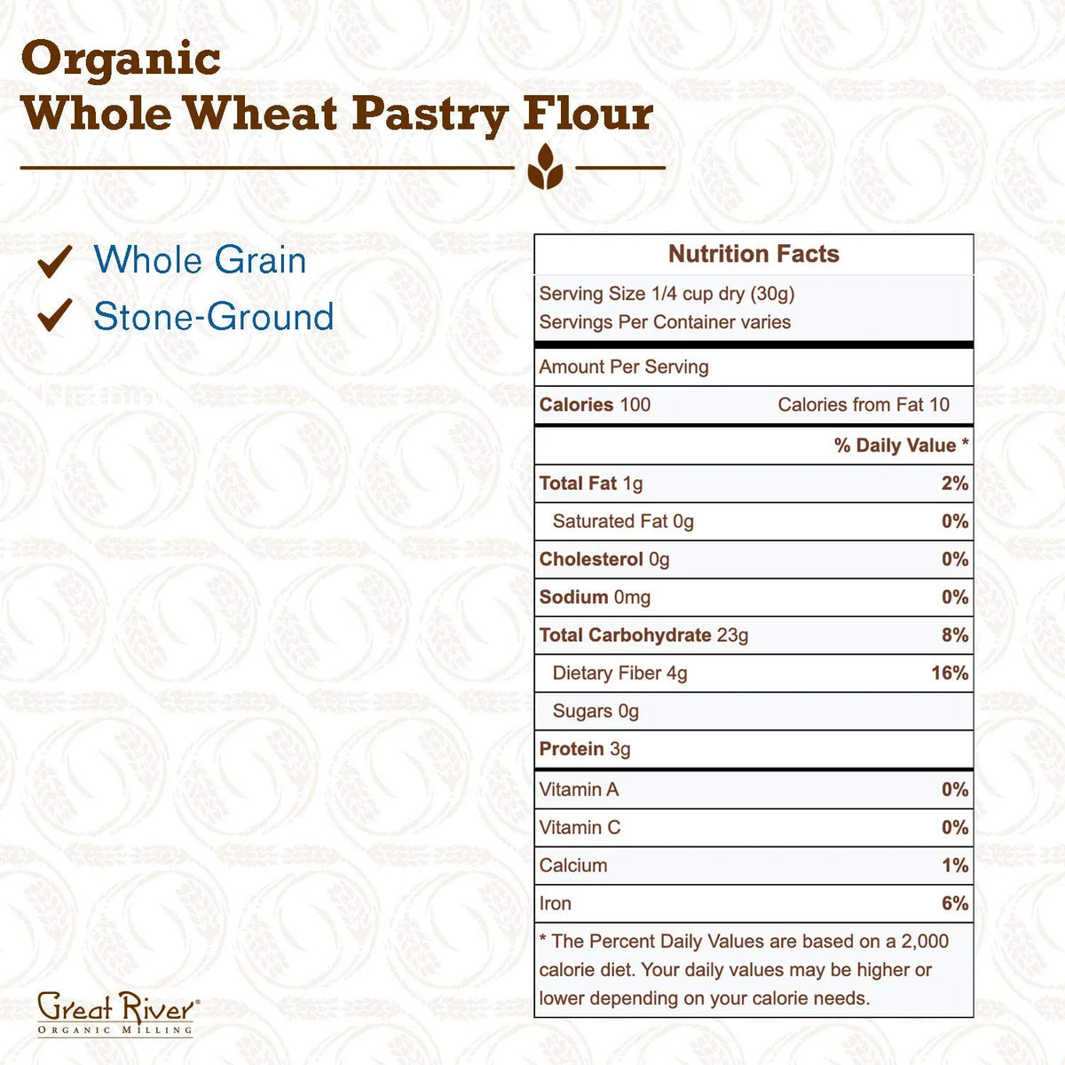 Organic Whole Wheat Pastry Flour, Stone Ground, 25 Pounds S614111