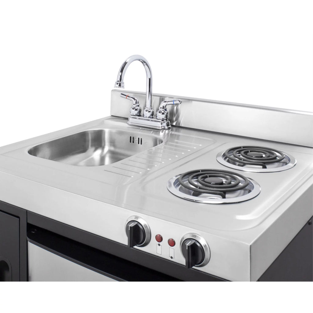 30" wide all-in-one kitchenette with 2-burner 115V coil cooktop, refrigerator-freezer, sink, and storage cabinet W78284