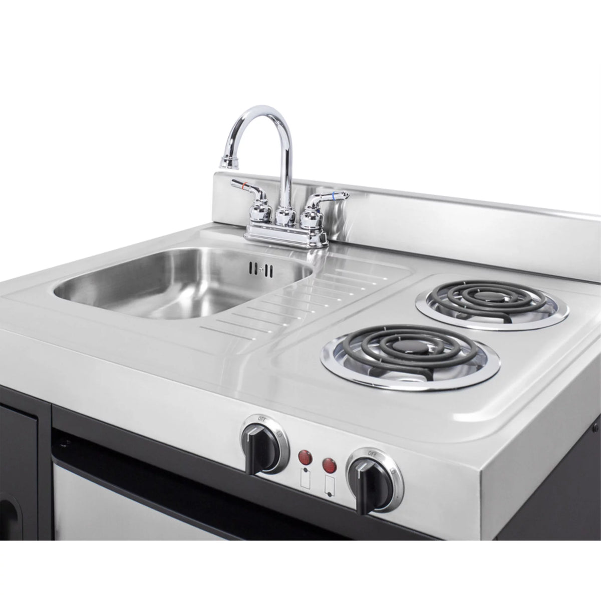 30" wide all-in-one kitchenette with 2-burner 115V coil cooktop, refrigerator-freezer, sink, and storage cabinet W78284