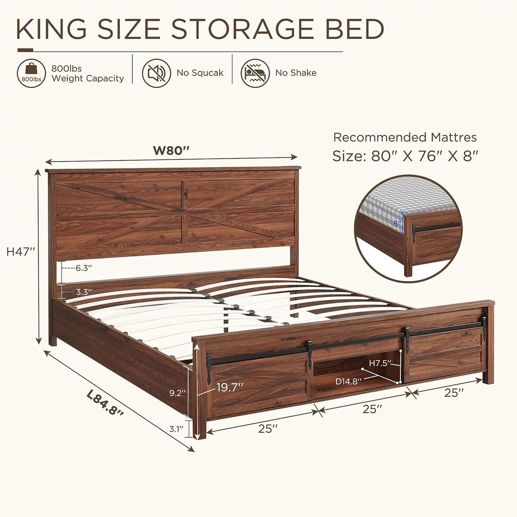 King Bed Frame with Headboard and Storage Cabinets, White R119
