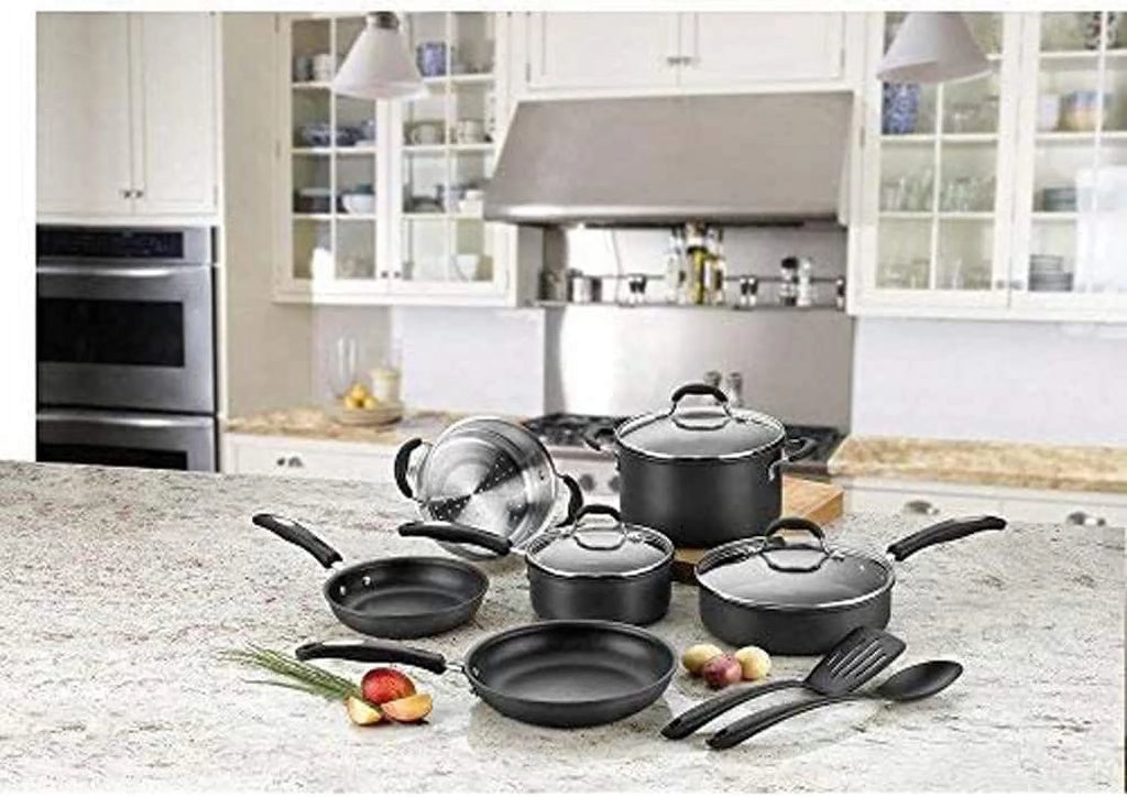 11-Piece Nonstick Hard-Anodized Cookware Set and 12 Piece Ceramic Coated Cutlery Set Matte Black A849463