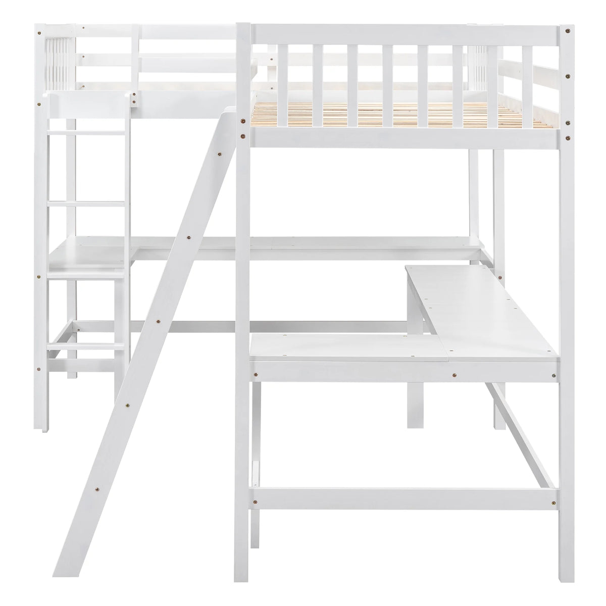 Twin Size White Wood L-Shaped Loft Bed with Built-in Desks P36676