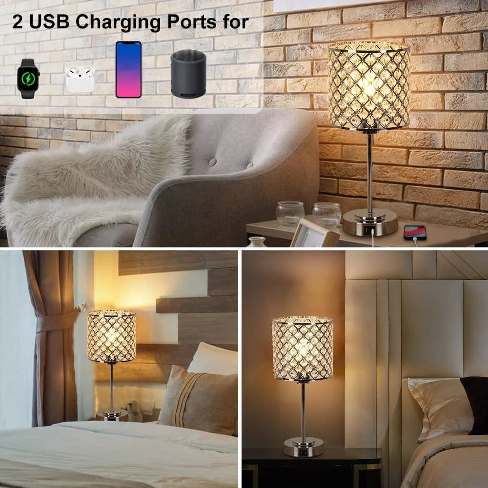 Crystal Table Lamp Set of 2 with 2 USB Charging Ports Y2033