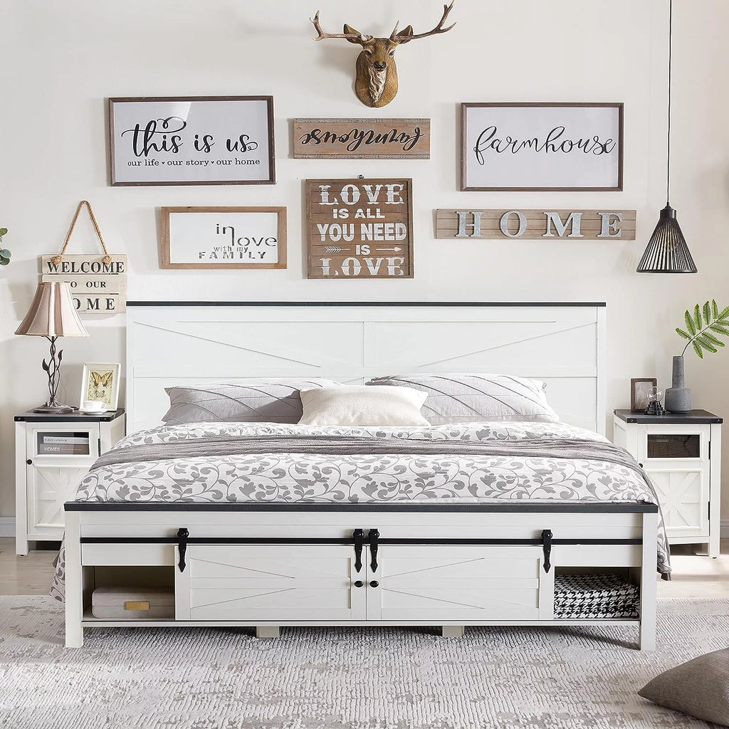 King Bed Frame with Headboard and Storage Cabinets, White R119
