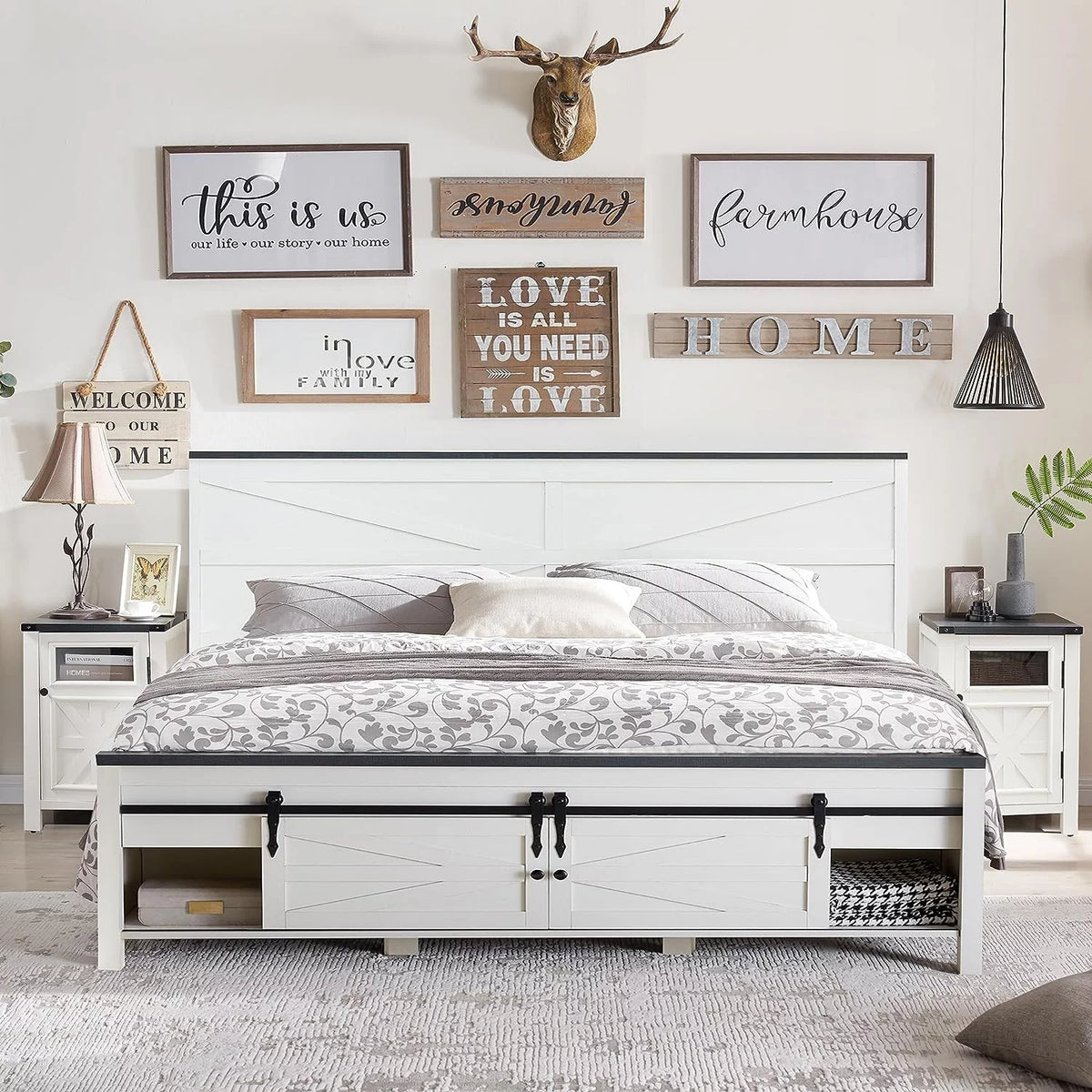 King Bed Frame with Headboard and Storage Cabinets, White R119