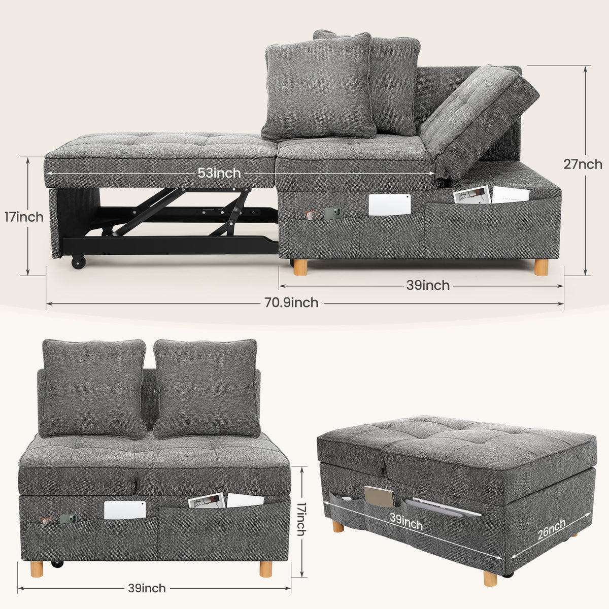 Dark Gray 4 in 1 Convertible Sleeper Chair with 2 Pillows H88194