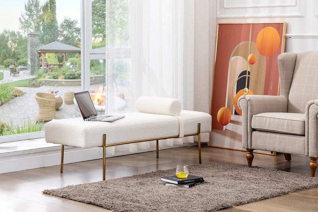 White Faux Fur Upholstered Bench with Gold Legs V62276