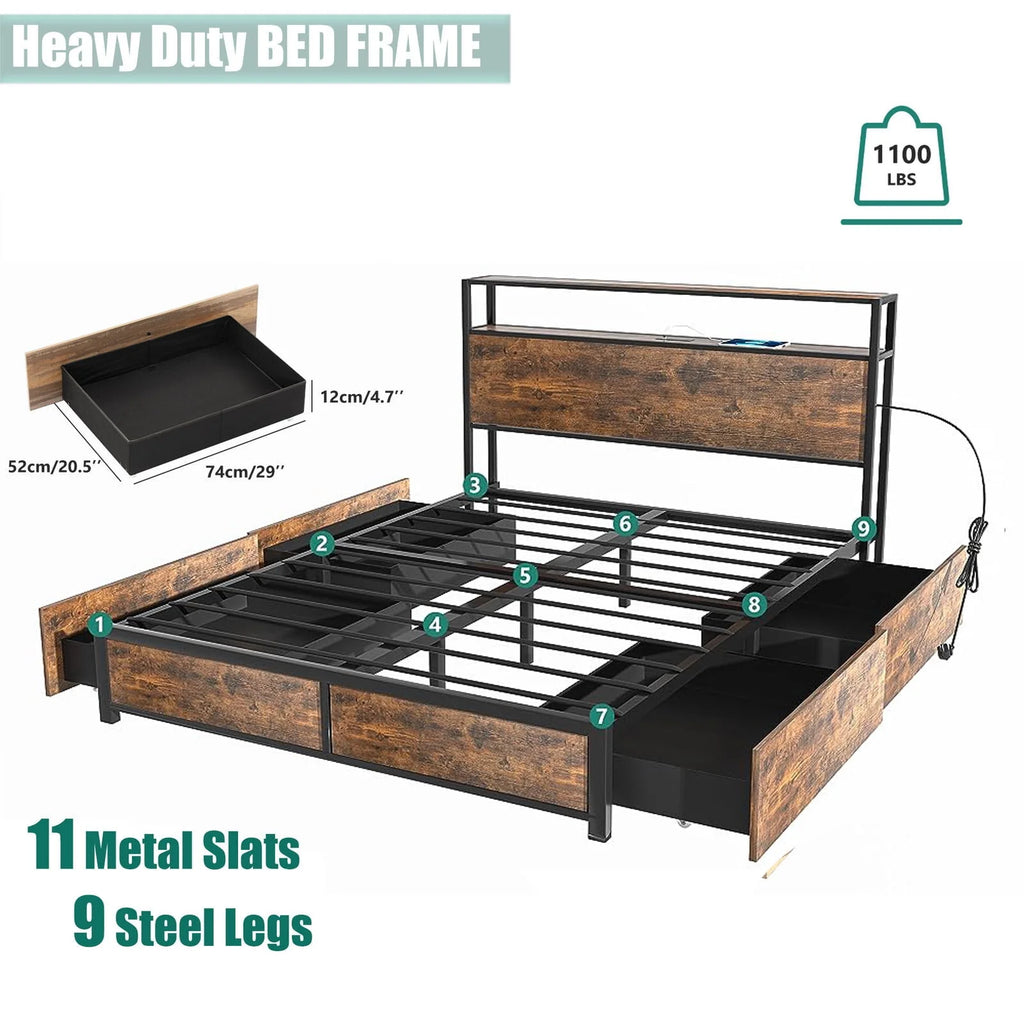 Full LED Bed Frame with Storage Headboard 4 Drawers K66433