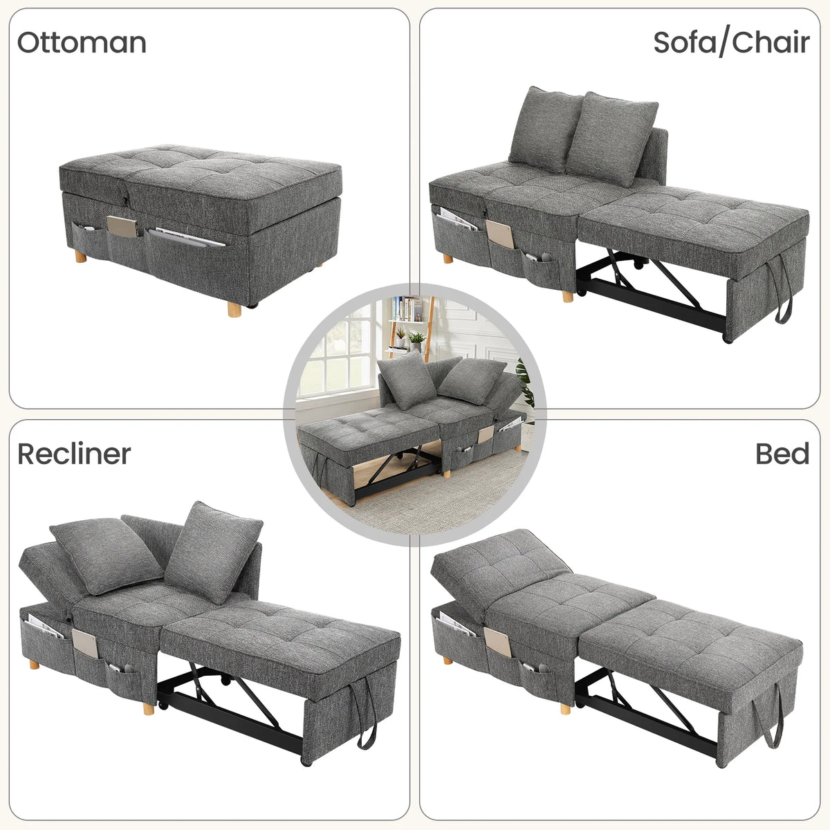 Dark Gray 4 in 1 Convertible Sleeper Chair with 2 Pillows H88194