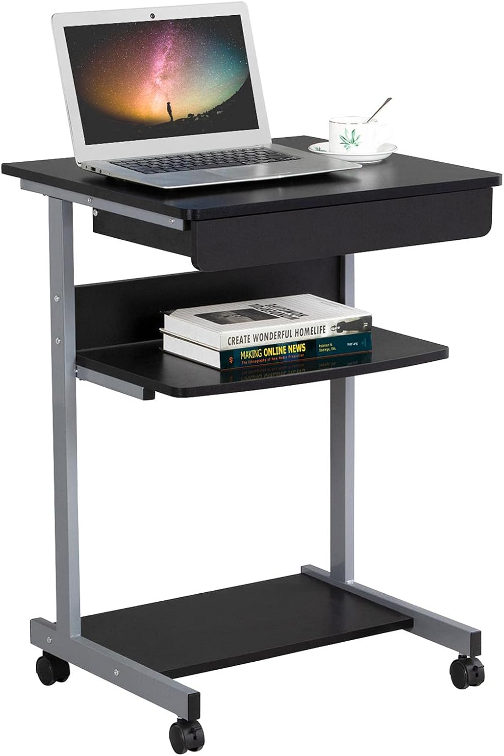 Mobile Compact Computer Desk Cart with Drawers and Printer Shelf on Wheels Z33846