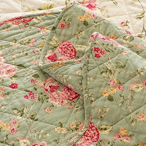 Pink Rose Floral Patchwork Cotton Queen Size Quilted Comforter Set 3-Piece I366743