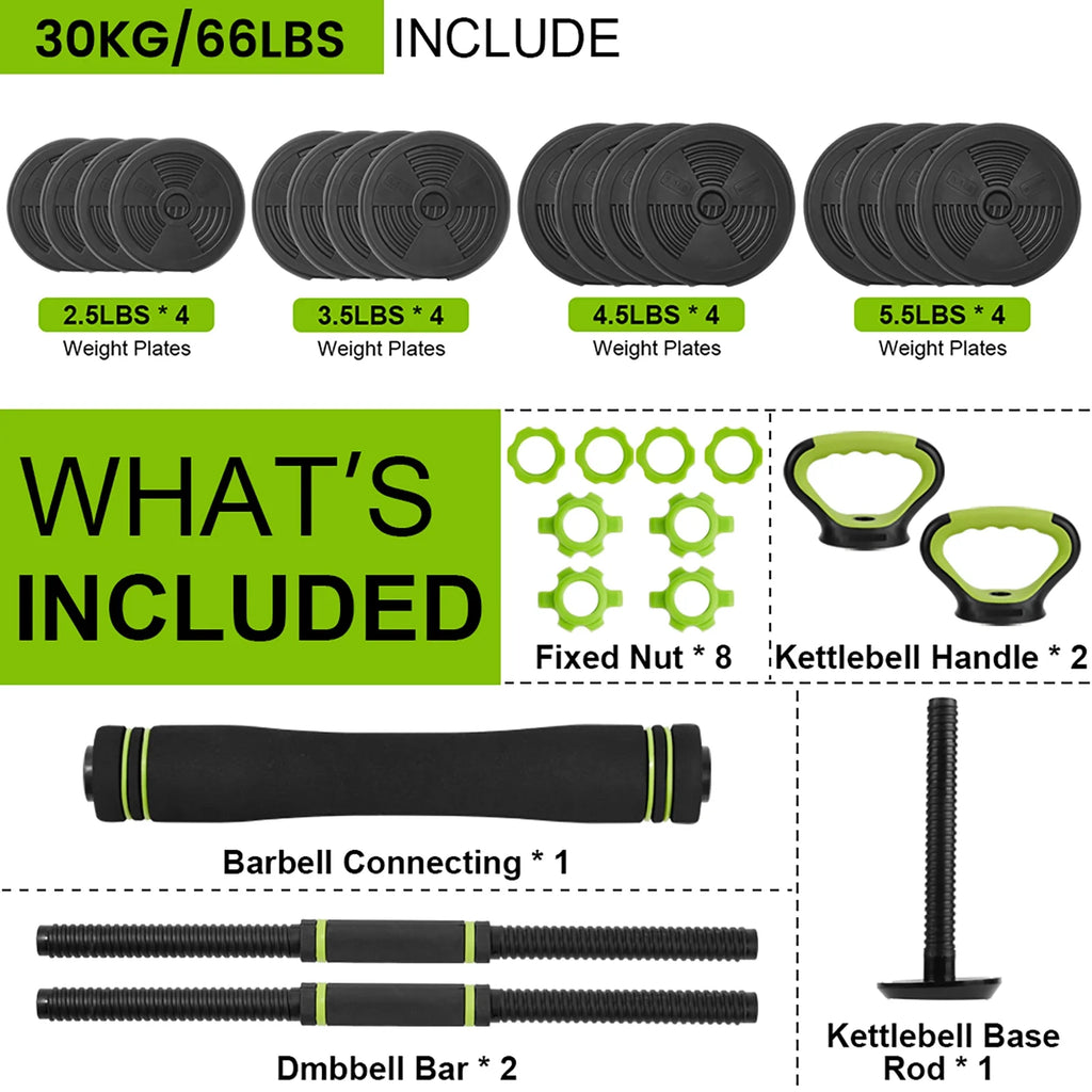 Adjustable 66LBS 88LBS 4 in1 Dumbbell Barbell Kettlebell Set L5280