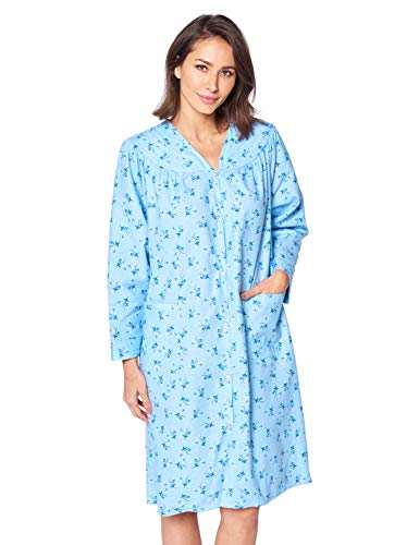 Floral Snap Front Flannel Duster Long Sleeve Lounger Dress F88522
