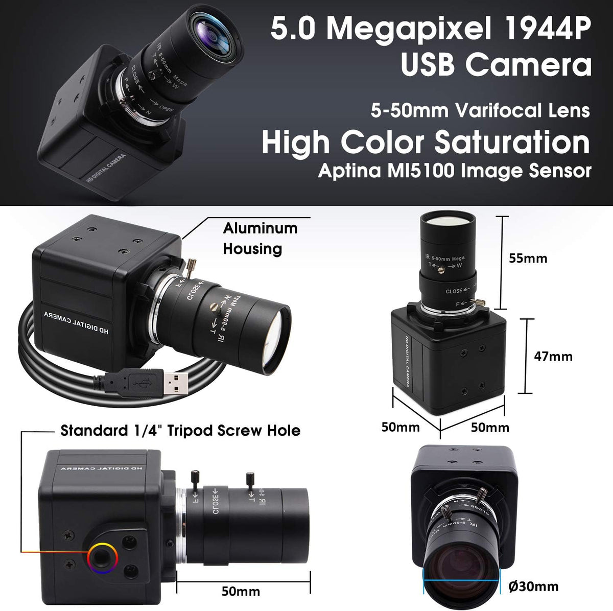 5MP USB Camera with 5-50mm Varifocal Lens F1031