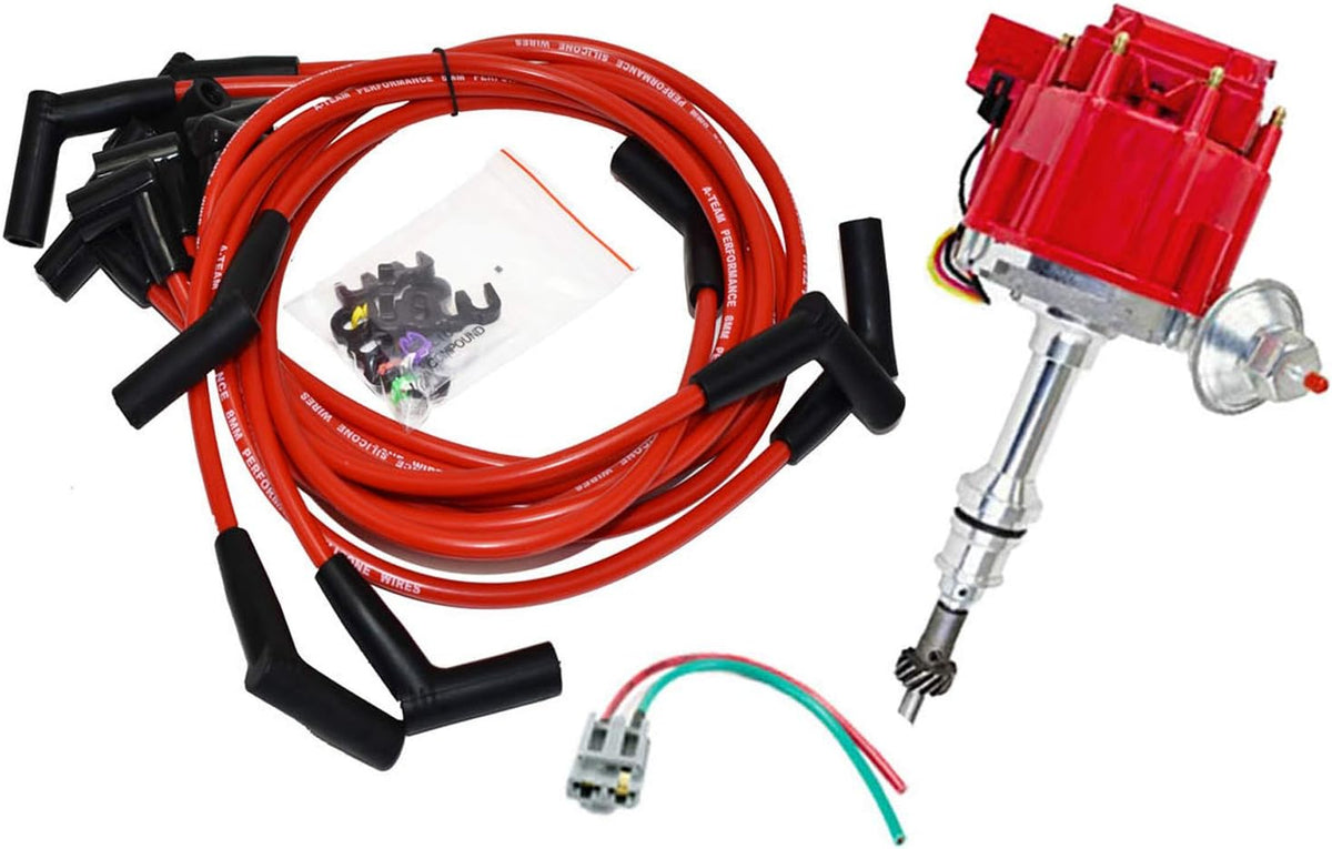 HEI Distributor 65K Volt Blue Cap, 8mm Silicone Spark Plug Wires Blue and Pigtail Wiring Harness Kit X39496