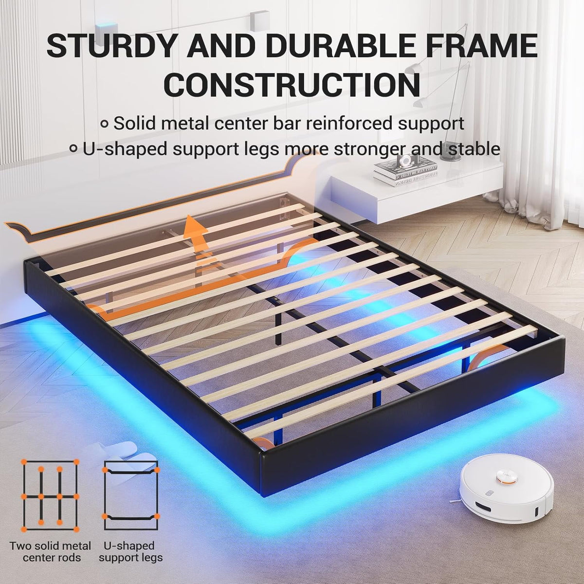 Queen Size Black Faux Leather Upholstered Platform Bed Frame with LED Lights Y6295