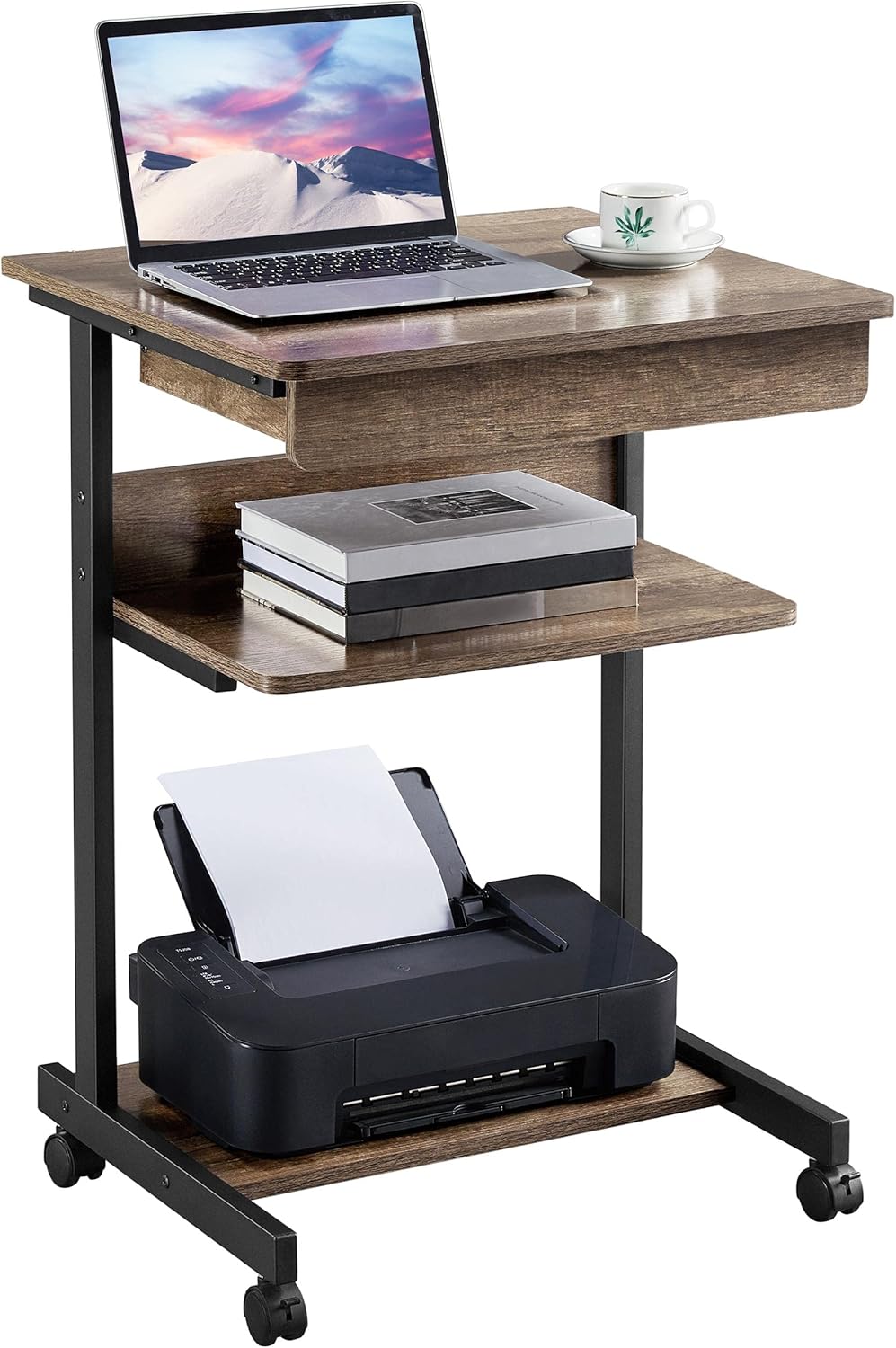Mobile Compact Computer Desk Cart with Drawers and Printer Shelf on Wheels Z33846