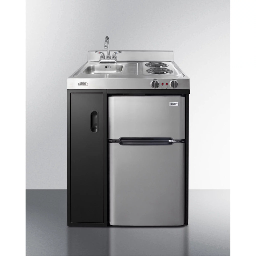 30" wide all-in-one kitchenette with 2-burner 115V coil cooktop, refrigerator-freezer, sink, and storage cabinet W78284
