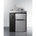 30" wide all-in-one kitchenette with 2-burner 115V coil cooktop, refrigerator-freezer, sink, and storage cabinet W78284