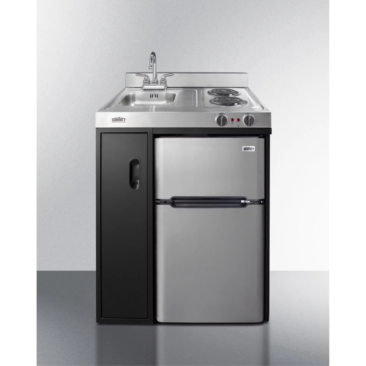 30" wide all-in-one kitchenette with 2-burner 115V coil cooktop, refrigerator-freezer, sink, and storage cabinet W78284