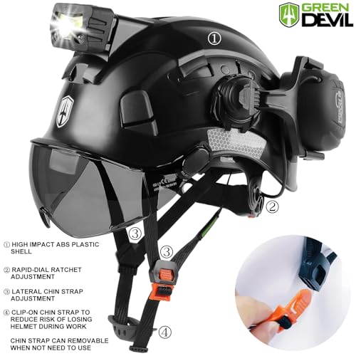 5 in 1 Vented Hard Hat Safety Helmet with Visor Bluetooth Ear Muffs and Headlamp R901082