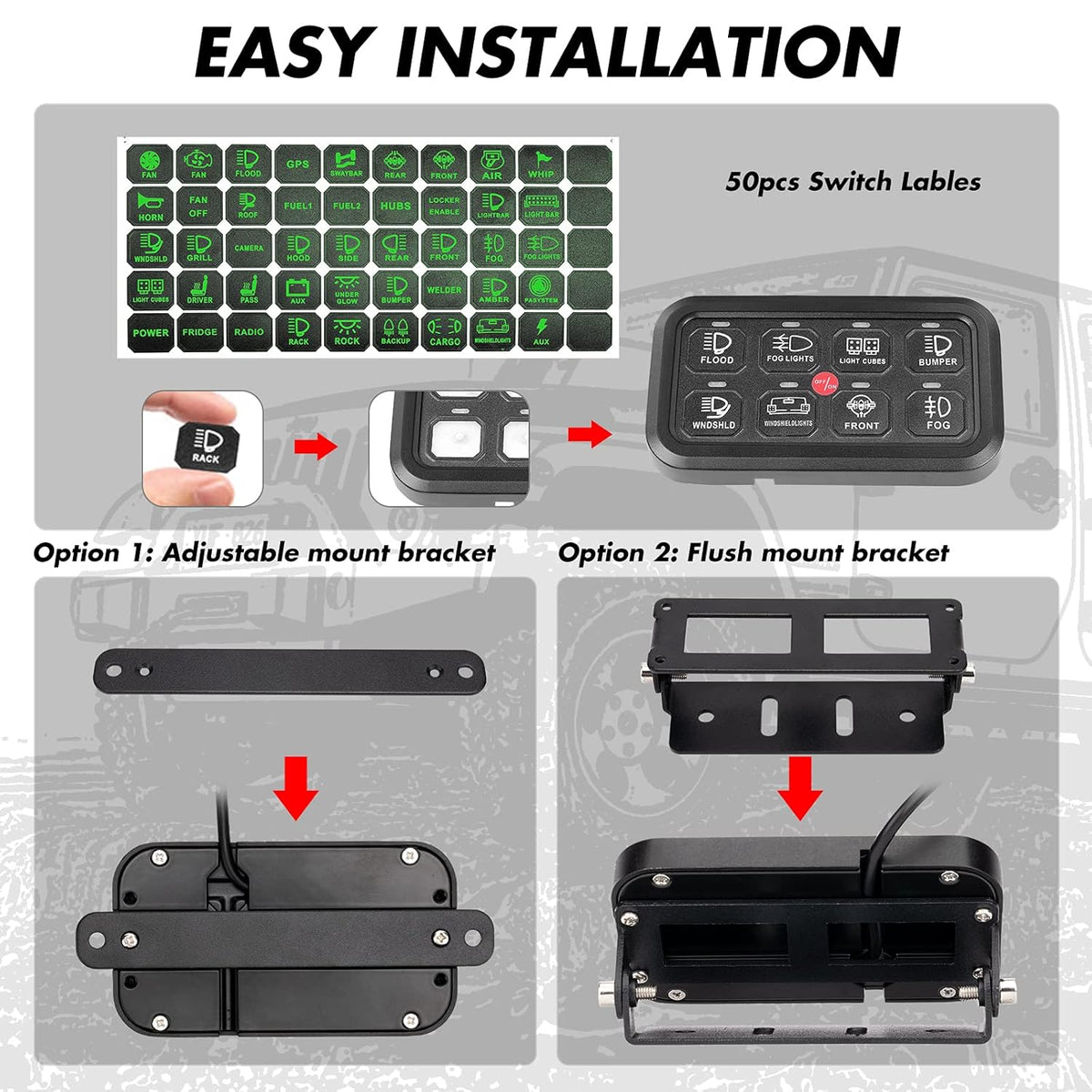 8 Gang Switch Panel with Green Backlit ON-Off Button P8543