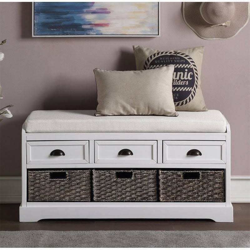White Wood Storage Bench with 3 Drawers and 3 Baskets E56906