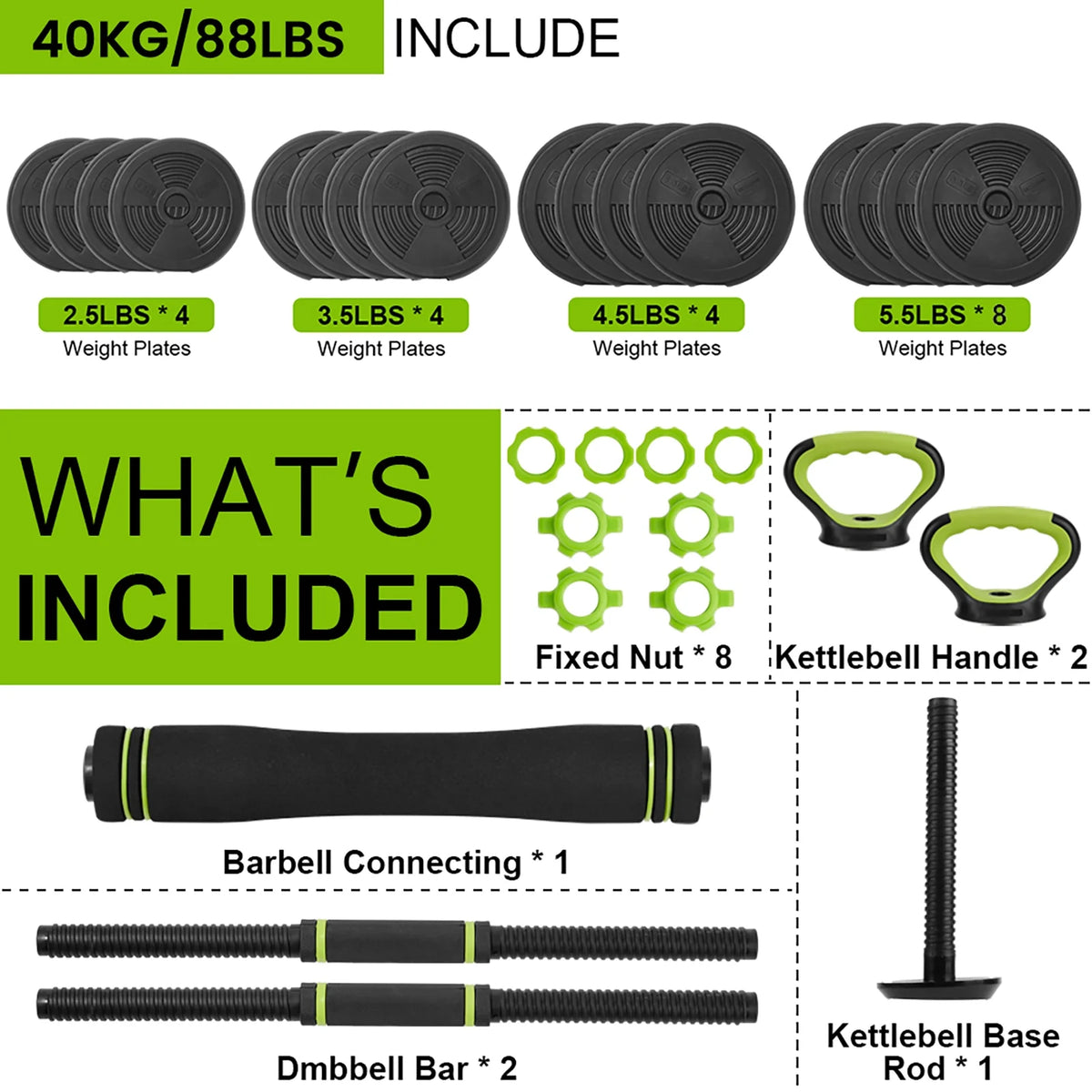 Adjustable 66LBS 88LBS 4 in1 Dumbbell Barbell Kettlebell Set L5280