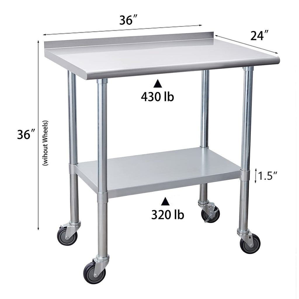 Stainless Steel Table 24 x 36 Inches with Caster Wheels and Undershelf H1339