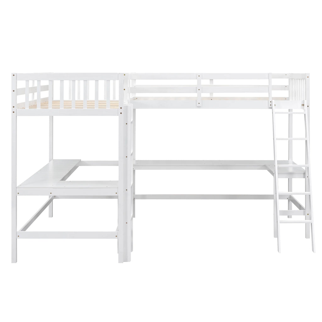 Twin Size White Wood L-Shaped Loft Bed with Built-in Desks P36676