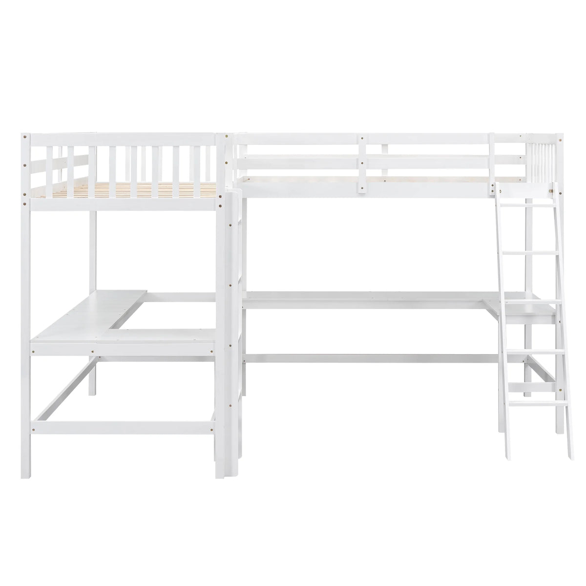 Twin Size White Wood L-Shaped Loft Bed with Built-in Desks P36676