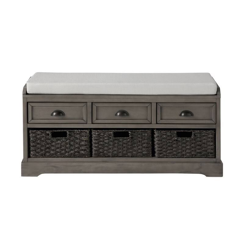 White Wood Storage Bench with 3 Drawers and 3 Baskets E56906
