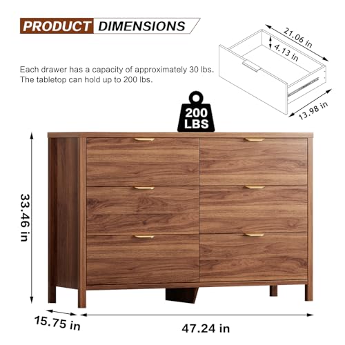 Natural Walnut 6 Drawer Wood Dresser J41906