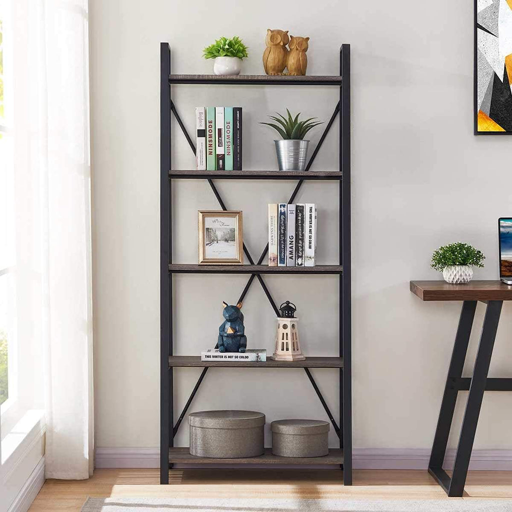 Industrial 5 Tier Ladder Bookshelf (Dark Gray Oak) J53398
