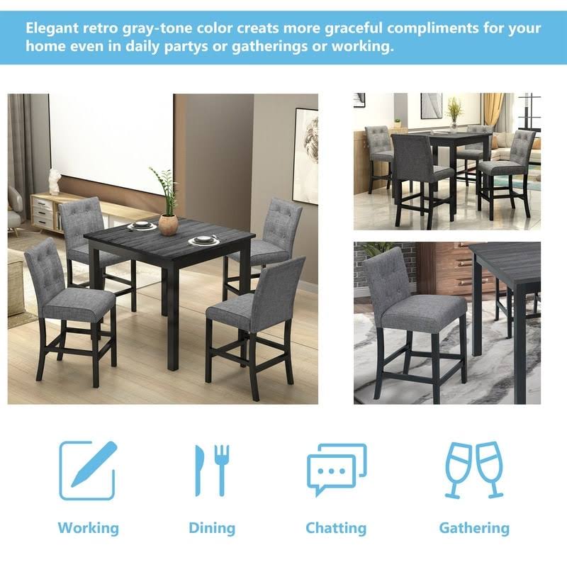 5-Piece Dining Set Wood Square Table and Chairs Stools Grey A834400