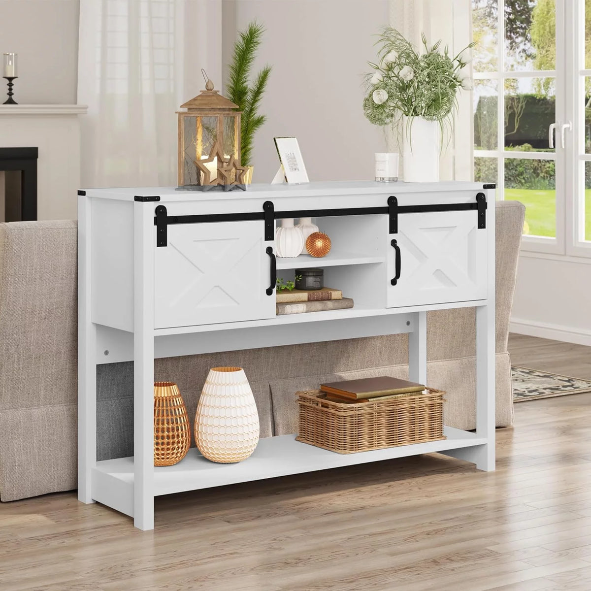 White Console Table with Storage and Shelves S592236