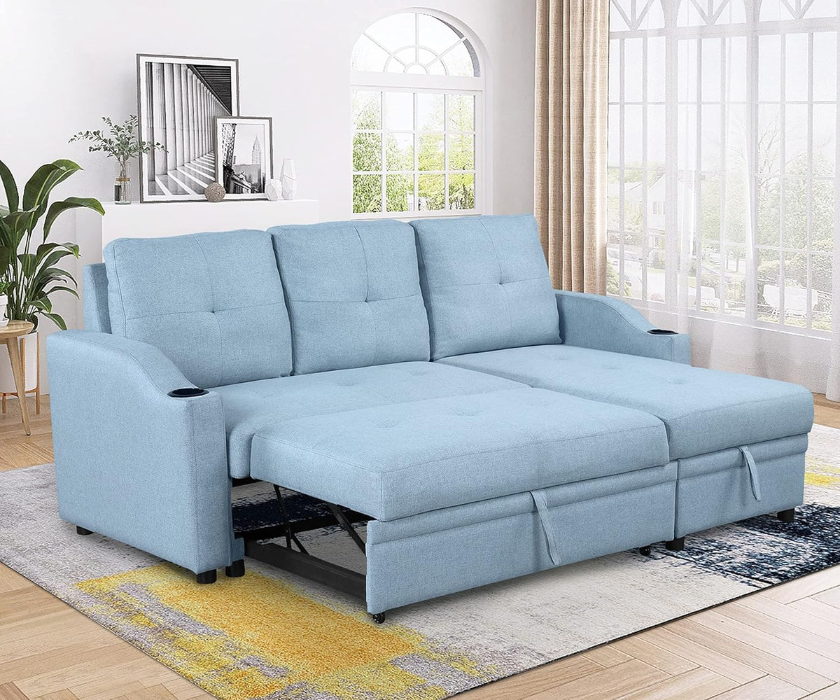 Blue Linen Fabric L-Shape Convertible Sleeper Sofa with Pull-Out Bed T837544