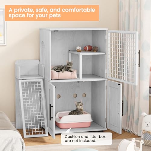 Cat Litter Box Enclosure with Platform, Double Layer, 33.5" L x 17.9" W x 41.9" H, Wax Wood V48811
