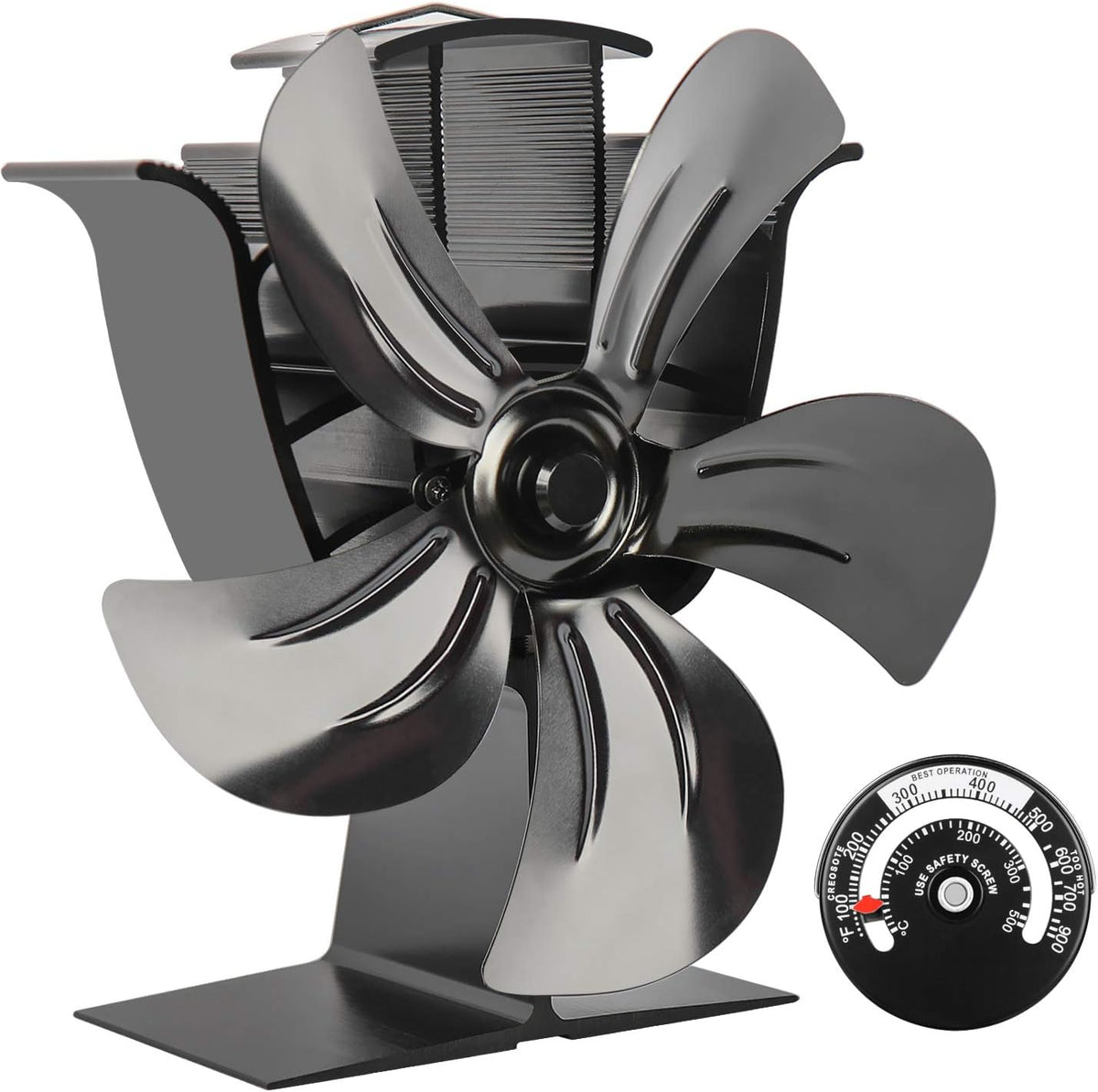 5 Blades Heat Powered Stove Fan with Magnetic Thermometer Aluminium Gold Pack of 2 E284660