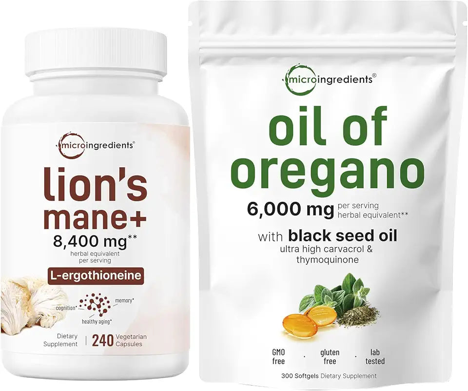 Oil of Oregano Softgels 300 Count & Lions Mane 240 Veggie Capsules 2 Pack V1082
