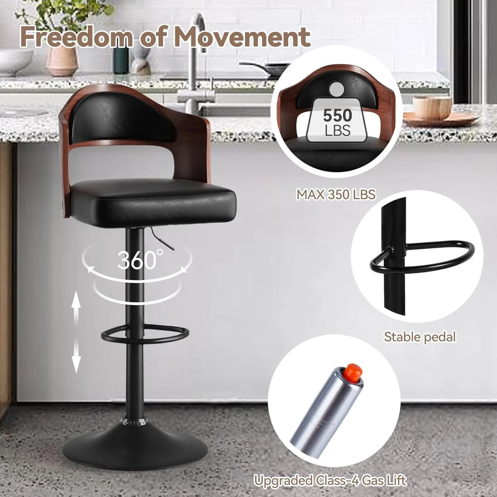 Wooden PU Leather Bar Chairs Set of 2 with Back & Footrest C814
