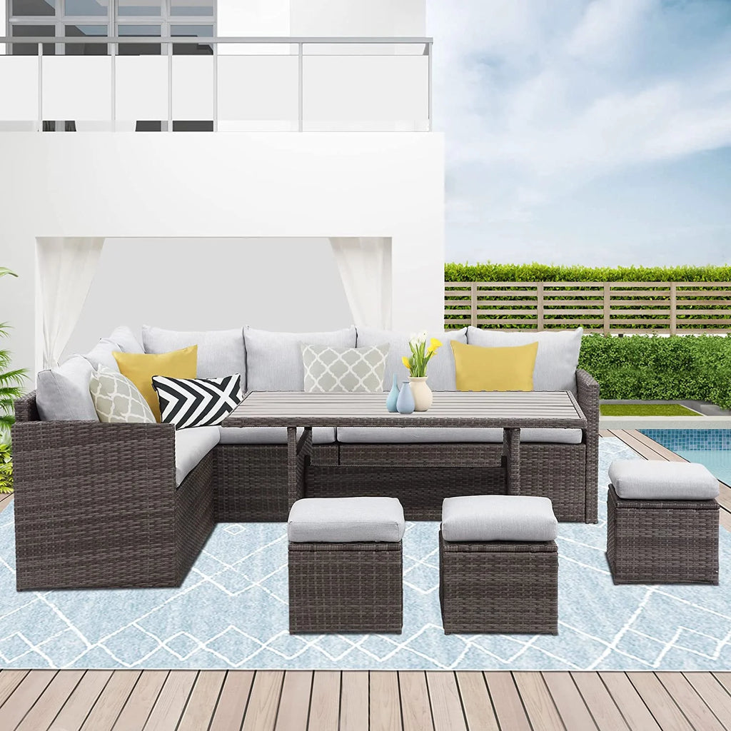 7 Piece Outdoor Dining Sectional Sofa with Dining Table and Chair U5122
