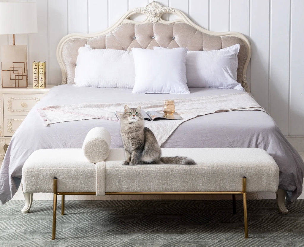 White Faux Fur Upholstered Bench with Gold Legs V62276